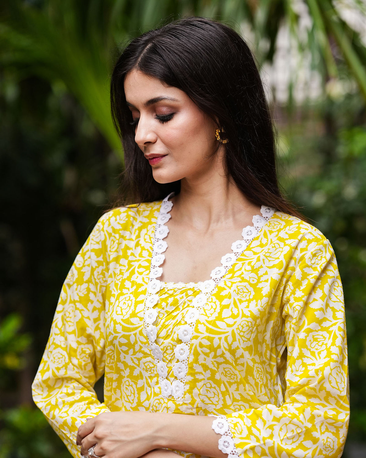 LIME YELLOW COTTON KURTA WITH LACE