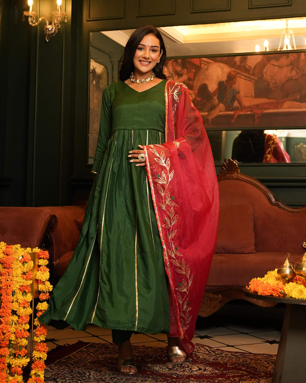 BOTTLE GREEN SHANTUNG ANARKALI SUIT SET