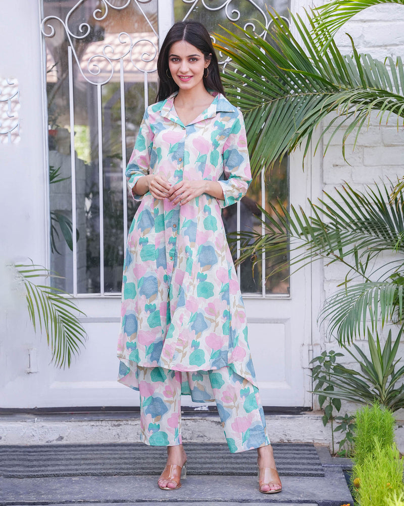 CREAM FLORAL PRINT MUSLIN CO-ORD SET