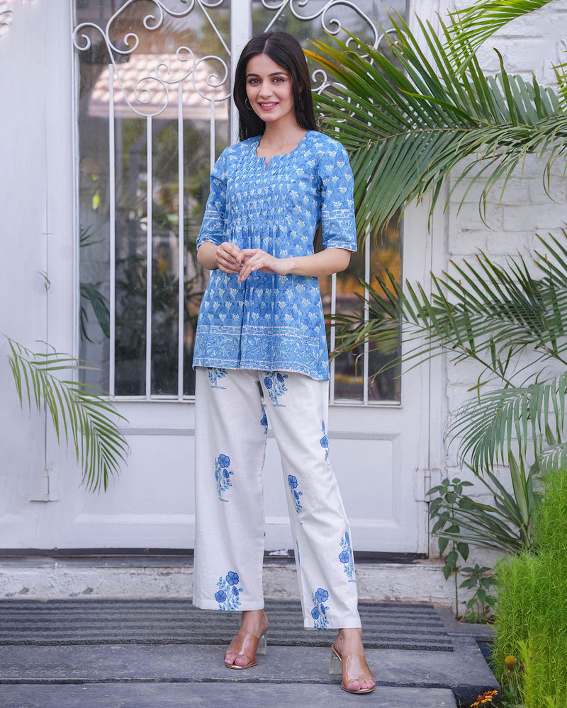 BLUE & WHITE COTTON HANDBLOCK CO-ORD SET