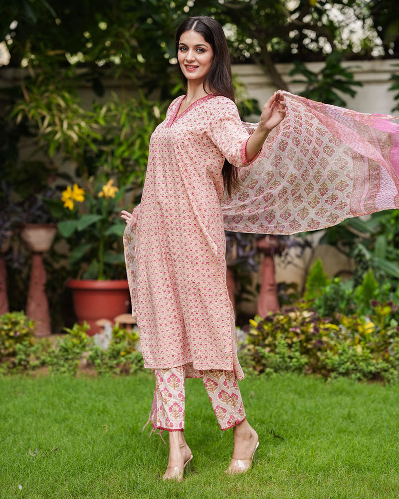 BLUSHING PINK HANDBLOCK COTTON SUIT SET