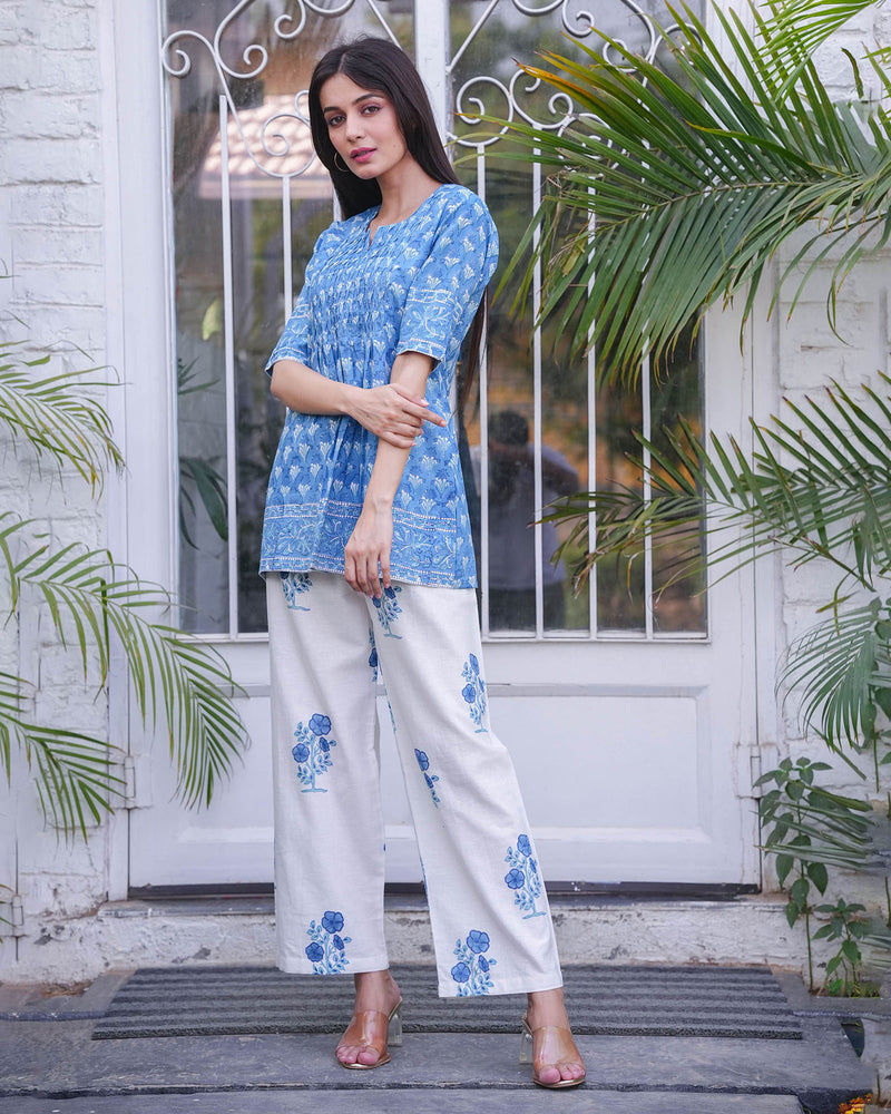 BLUE & WHITE COTTON HANDBLOCK CO-ORD SET
