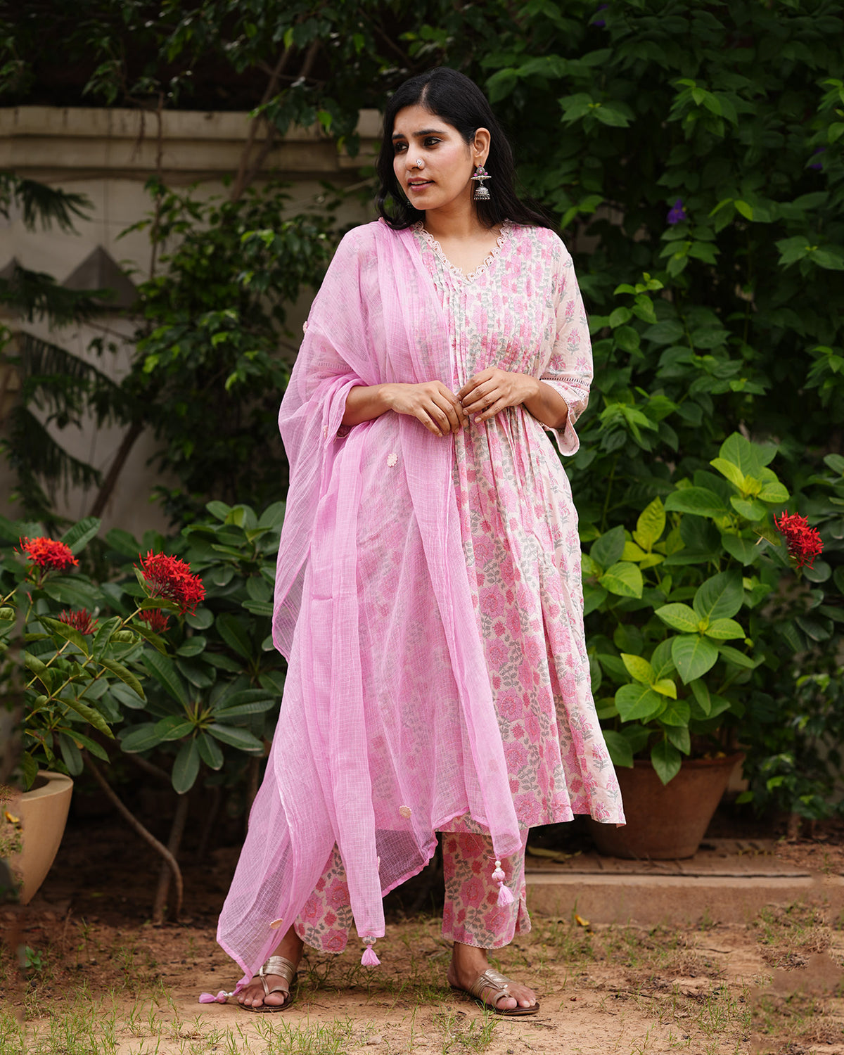 PINK COTTON HANDBLOCK SUIT SET WITH LACE