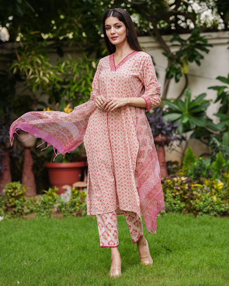BLUSHING PINK HANDBLOCK COTTON SUIT SET