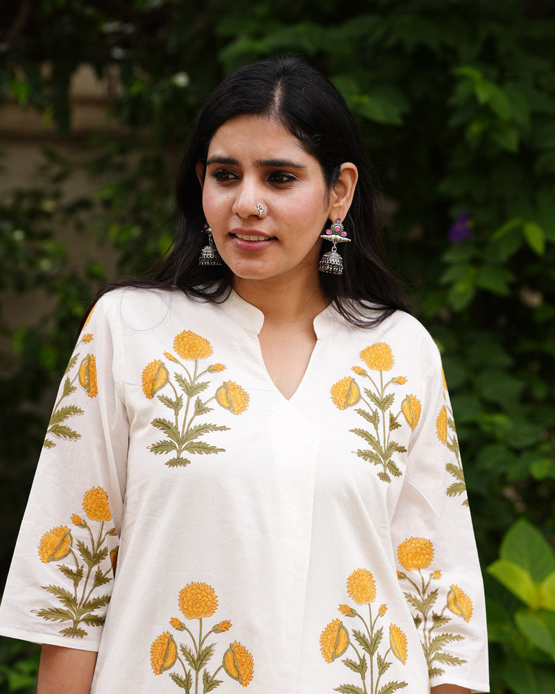 WHITE & YELLOW HANDBLOCK KURTA SET