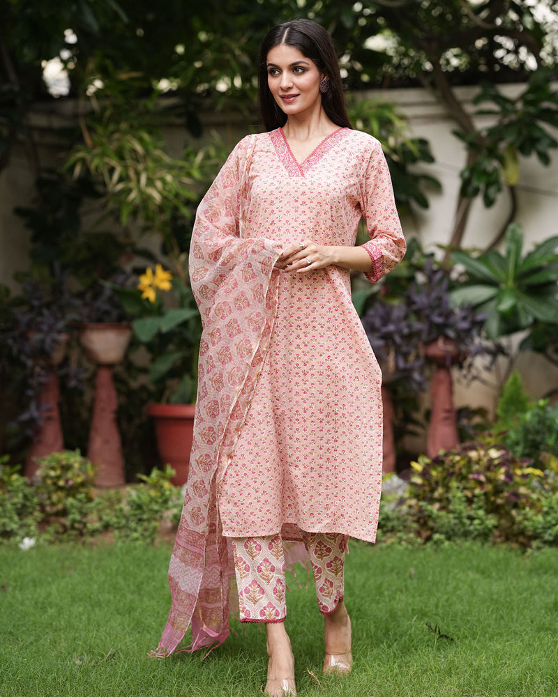 BLUSHING PINK HANDBLOCK COTTON SUIT SET