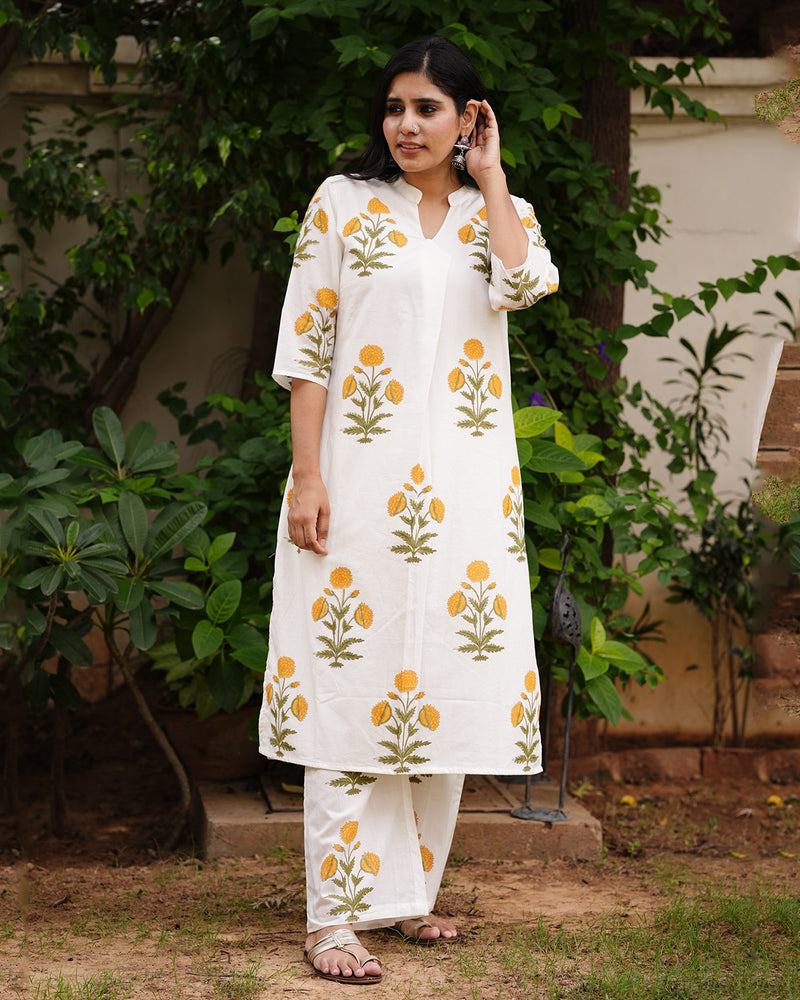 WHITE & YELLOW HANDBLOCK KURTA SET