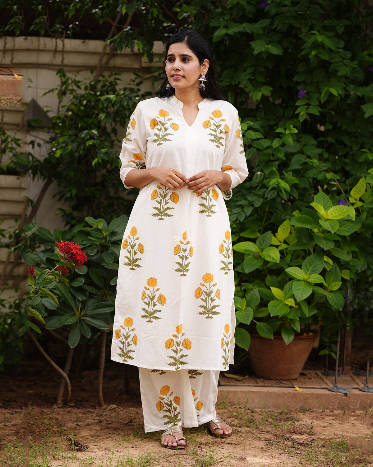 WHITE & YELLOW HANDBLOCK KURTA SET