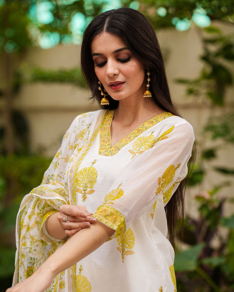 WHITE & YELLOW KOTA DORIA KURTA WITH DUPATTA