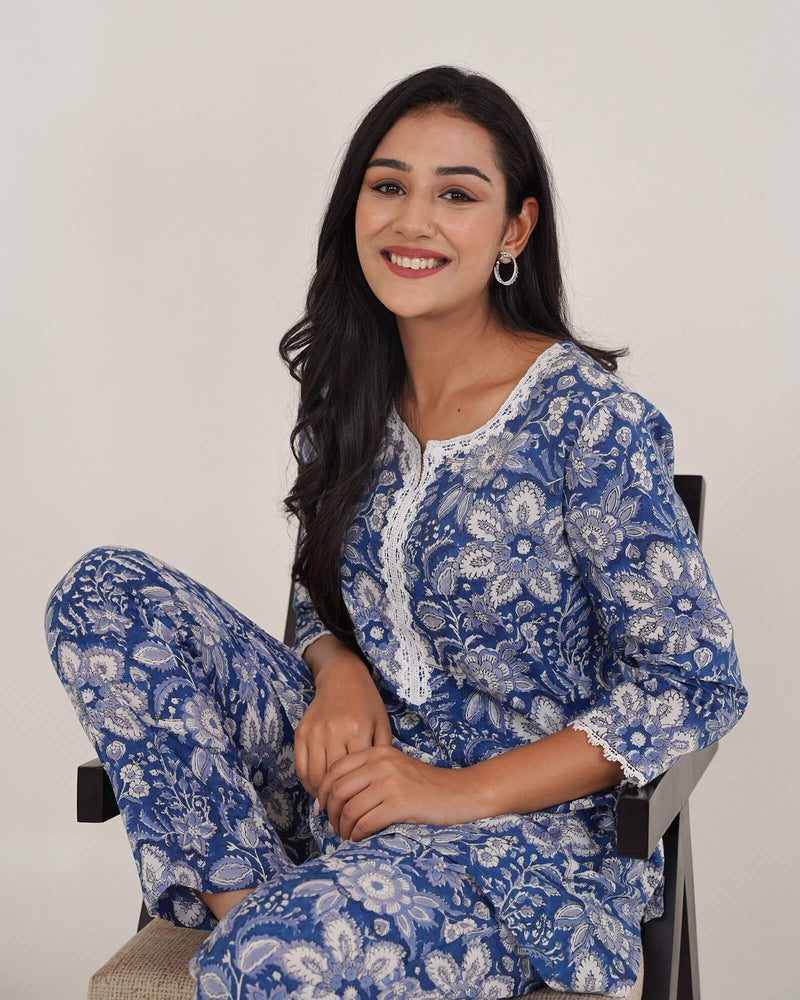 AZURE BLUE COTTON HANDBLOCK CO-ORD SET