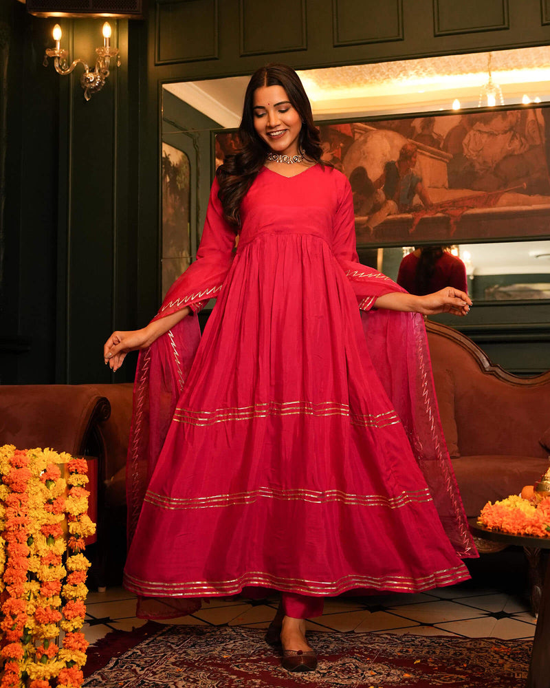 PINK PERFECT SHANTUNG ANARKALI SUIT SET