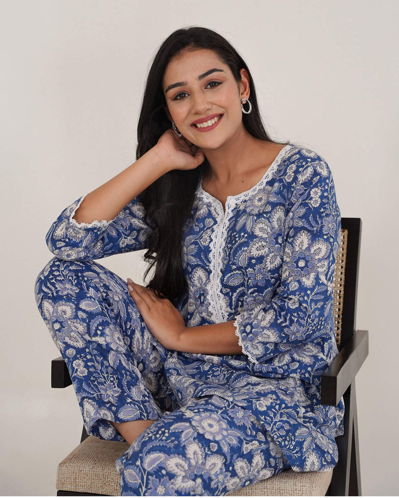 AZURE BLUE COTTON HANDBLOCK CO-ORD SET