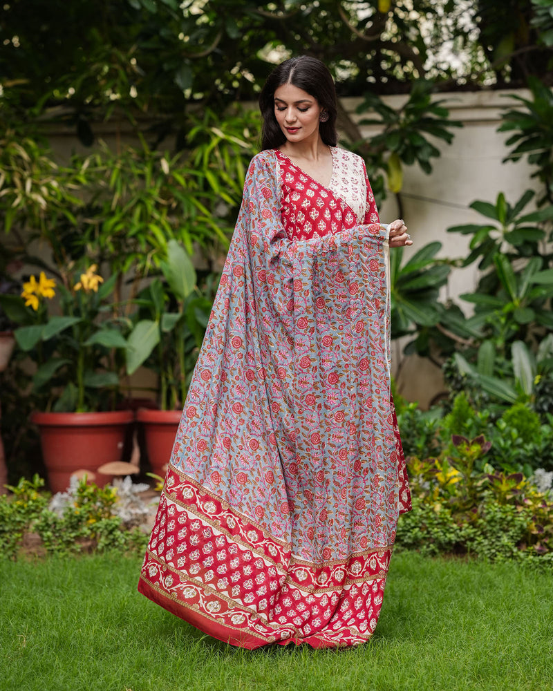 RED & WHITE HANDBLOCK COTTON ANGRAKHA SUIT SET