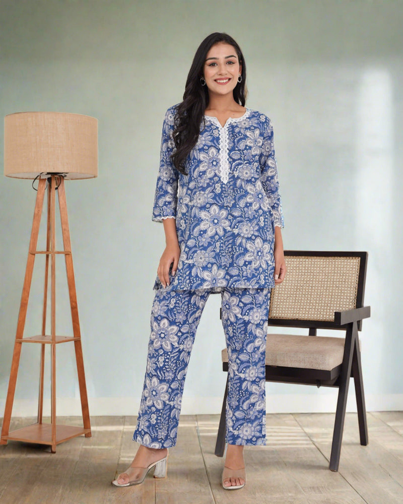 AZURE BLUE COTTON HANDBLOCK CO-ORD SET