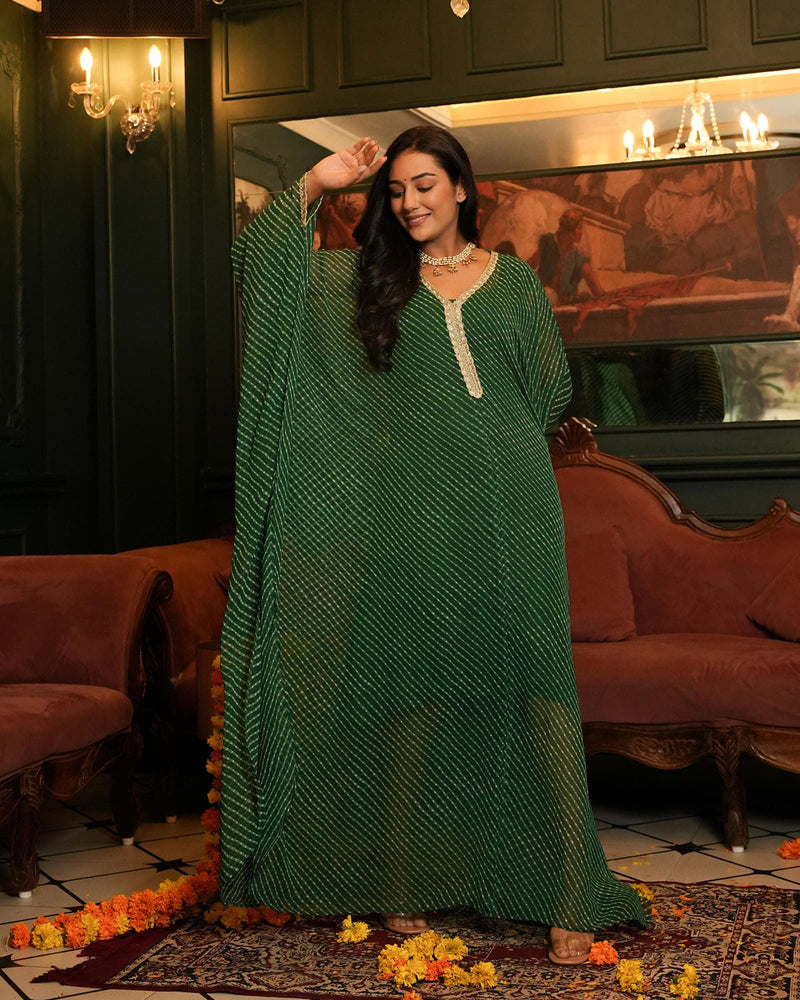 GREEN BANDHEJ FABRIC KAFTAN WITH INNER