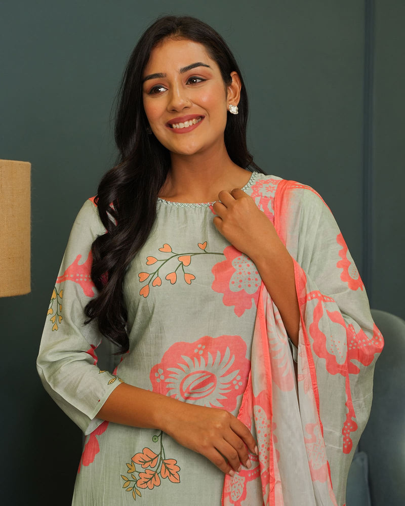 MINT & PINK MUSLIN DIGITAL PRINT SUIT SET