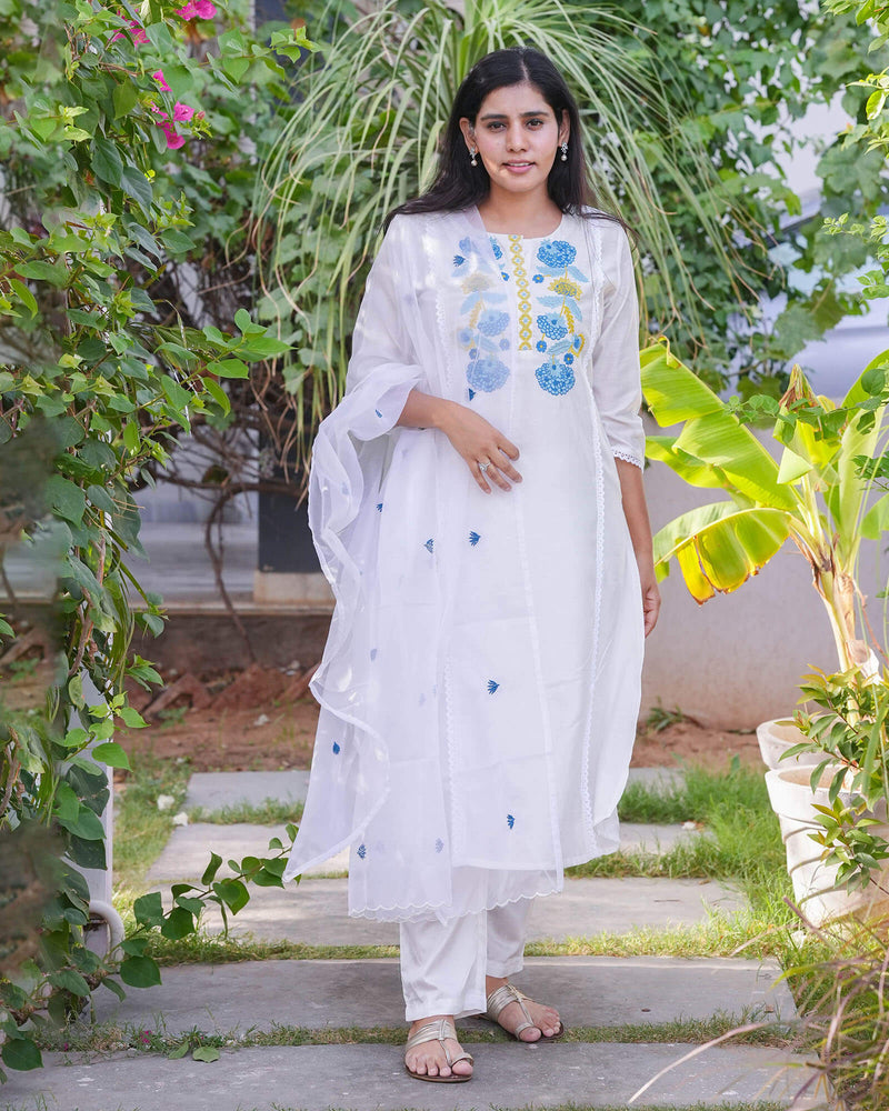 WHITE CHANDERI SUIT SET WITH EMBROIDERY