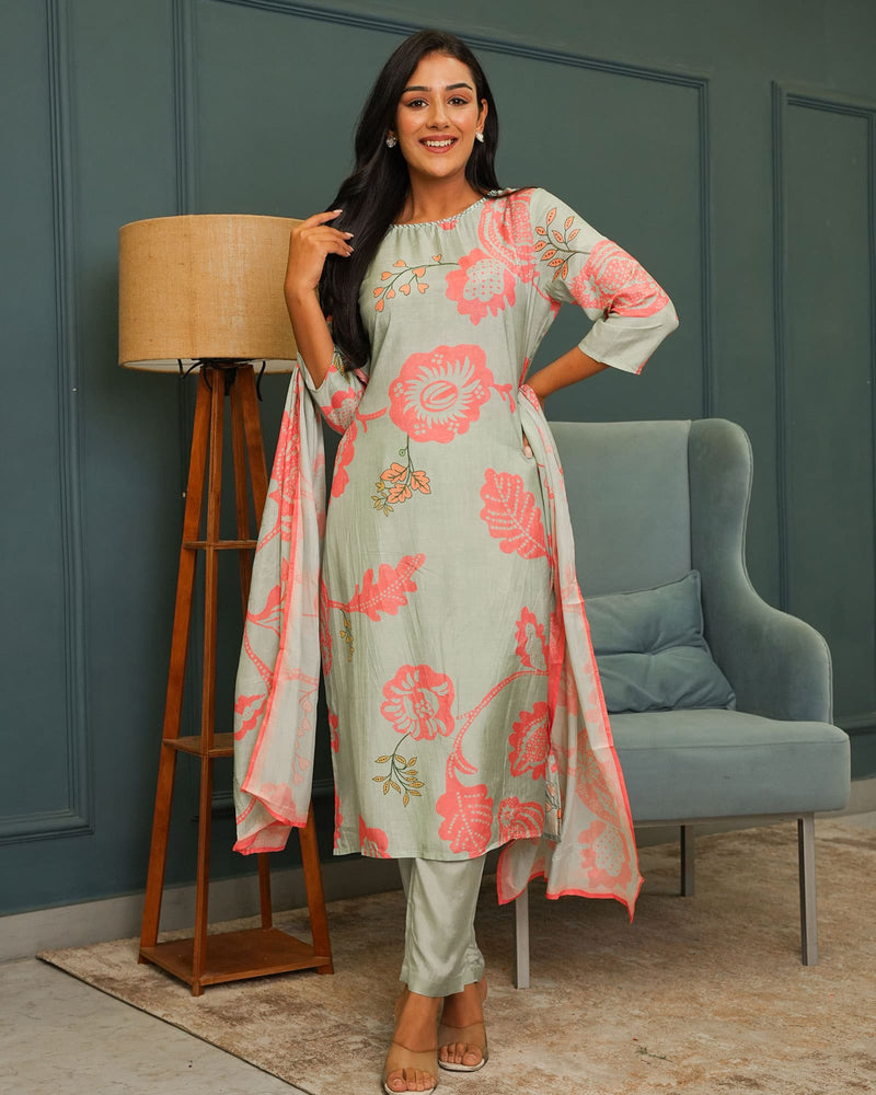 MINT & PINK MUSLIN DIGITAL PRINT SUIT SET