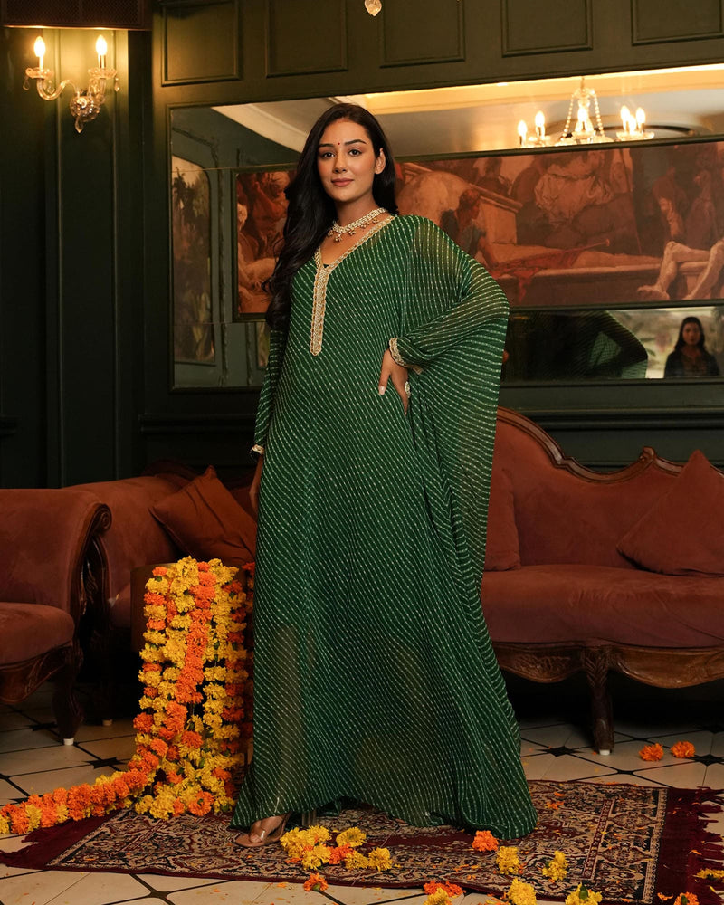 GREEN BANDHEJ FABRIC KAFTAN WITH INNER