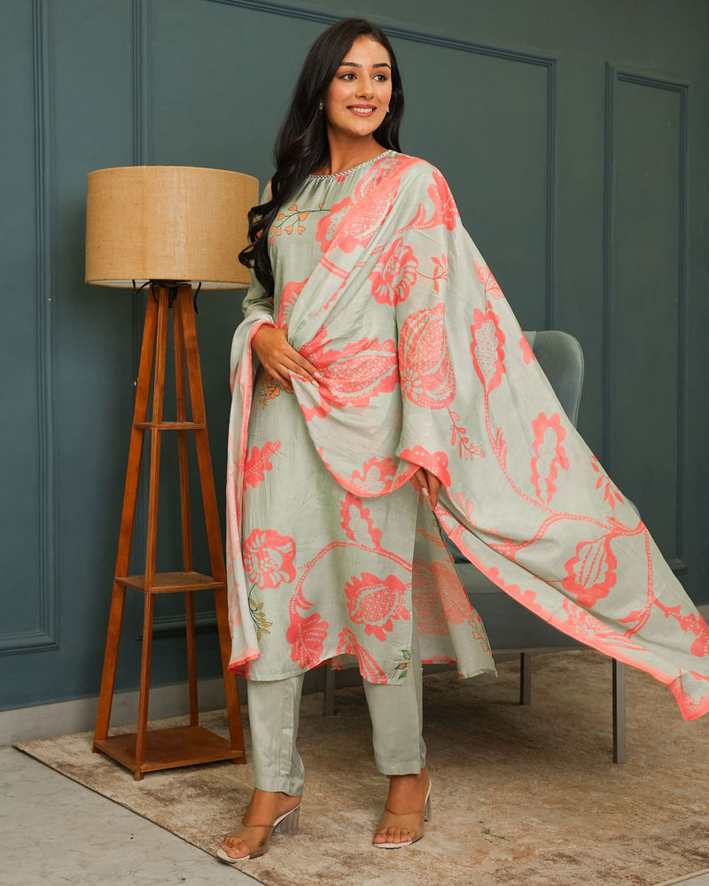 MINT & PINK MUSLIN DIGITAL PRINT SUIT SET