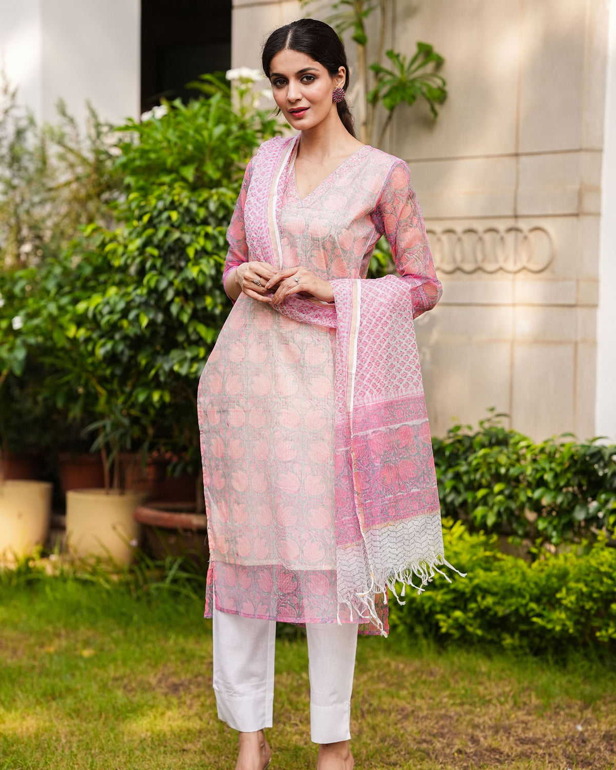 BABY PINK KOTA DORIA KURTA WITH DUPATTA