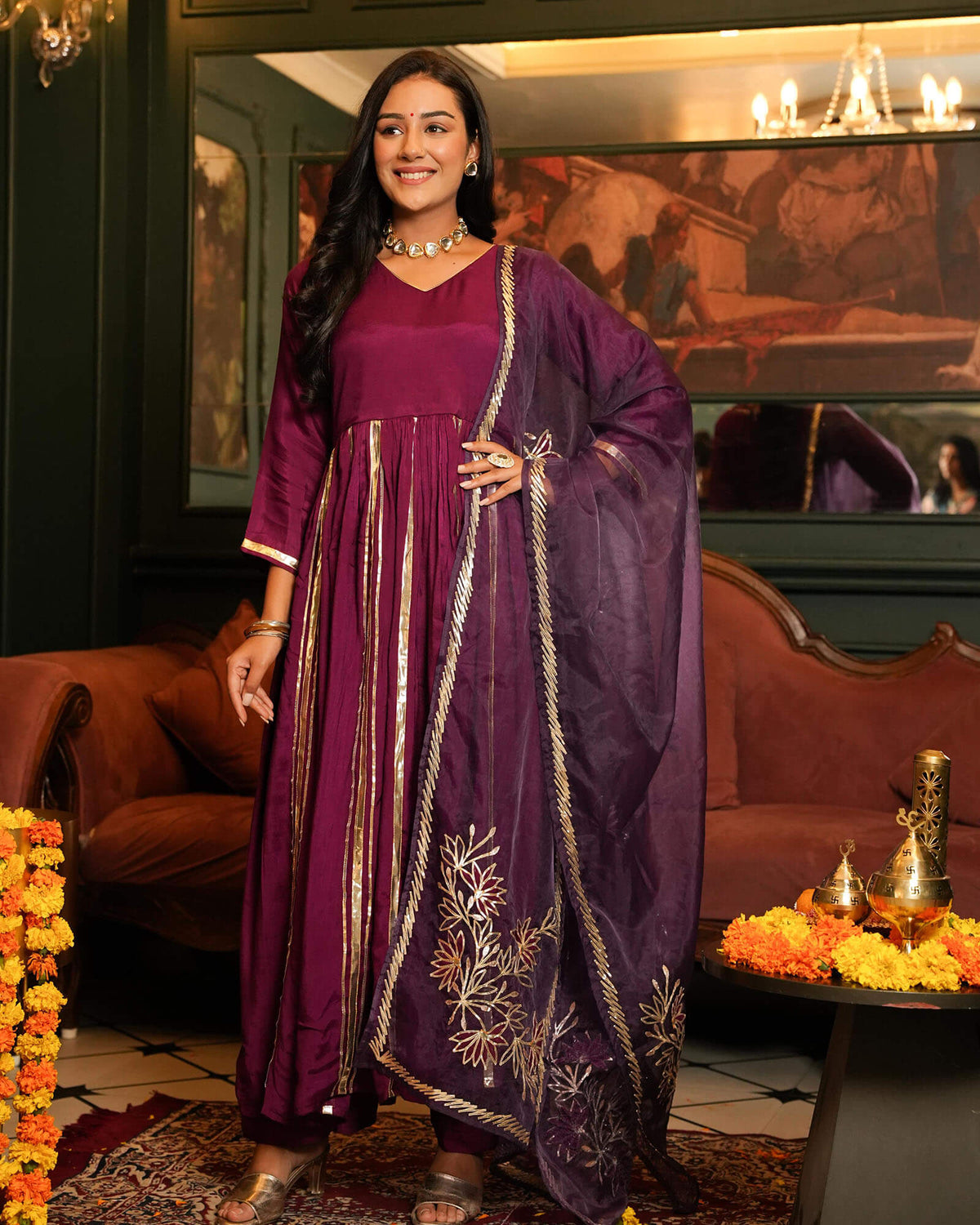 BURGUNDY GOTA WORK SHANTUNG ANARKALI SUIT SET