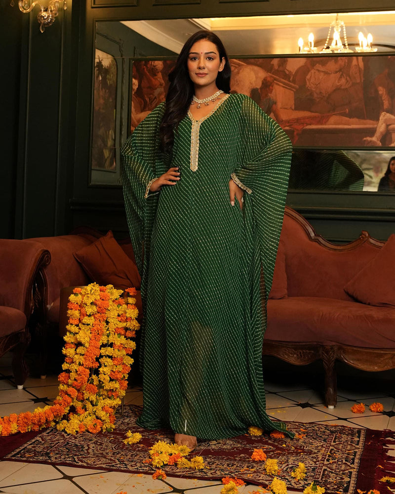 GREEN BANDHEJ FABRIC KAFTAN WITH INNER