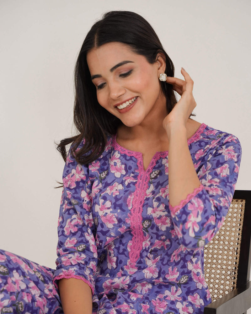 PURPLE COTTON HANDBLOCK CO-ORD SET
