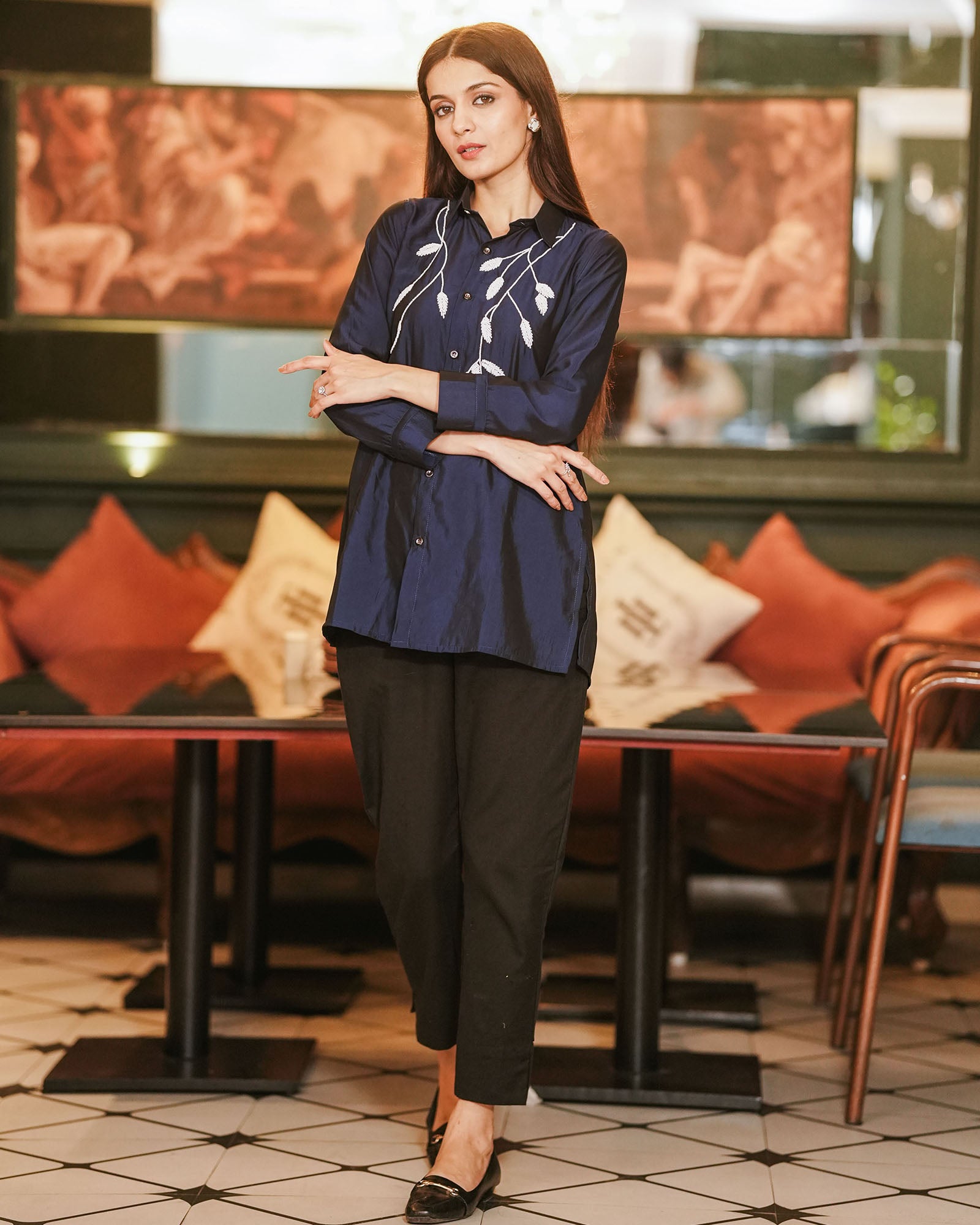 NAVY BLUE SATIN TOP WITH HANDWORK – Gulabi Dori