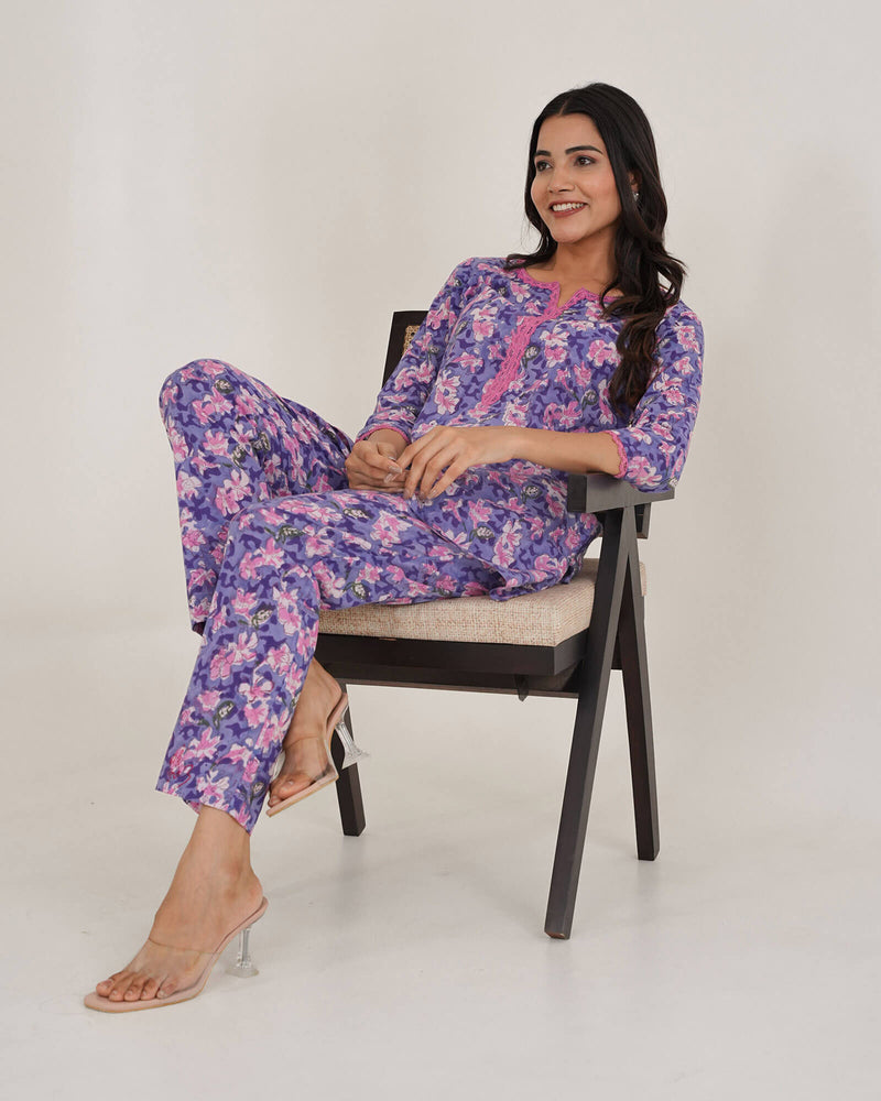 PURPLE COTTON HANDBLOCK CO-ORD SET