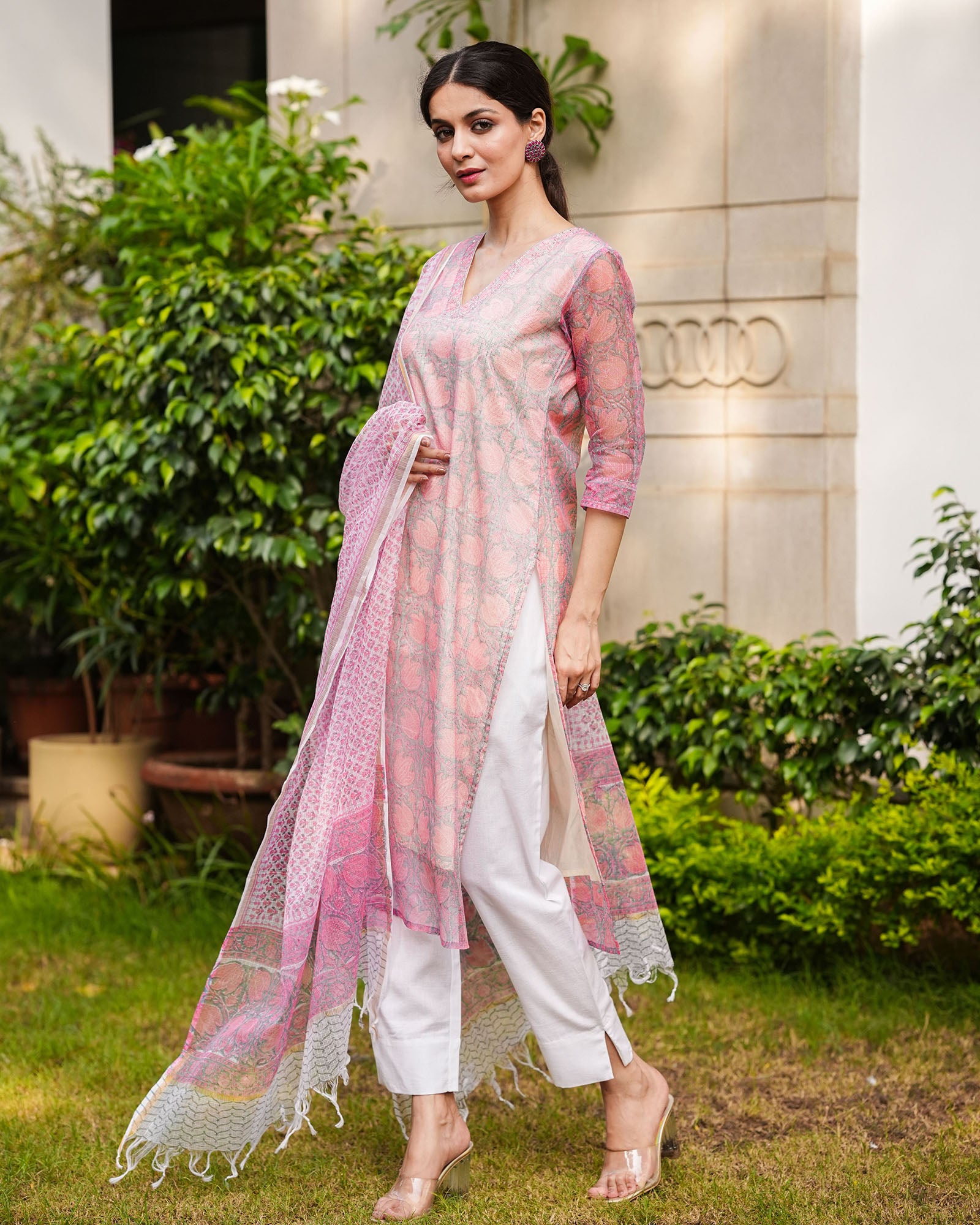 Baby Pink and Grey Cotton Kurti with Palazzo and Dupatta – Thogai