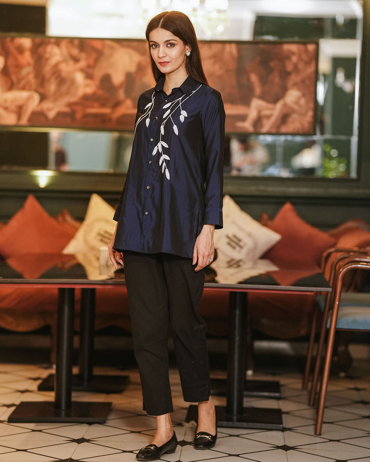 NAVY BLUE SATIN TOP WITH HANDWORK