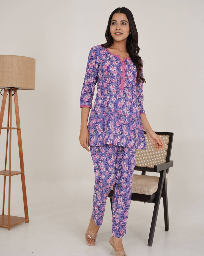 PURPLE COTTON HANDBLOCK CO-ORD SET