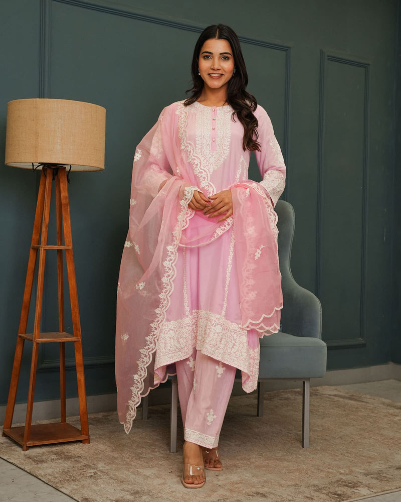 SOFT PINK HEAVILY EMBROIDERED MUSLIN SUIT SET