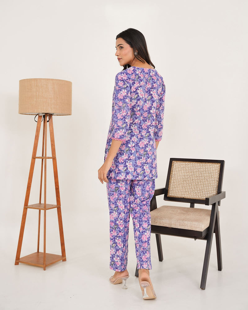 PURPLE COTTON HANDBLOCK CO-ORD SET