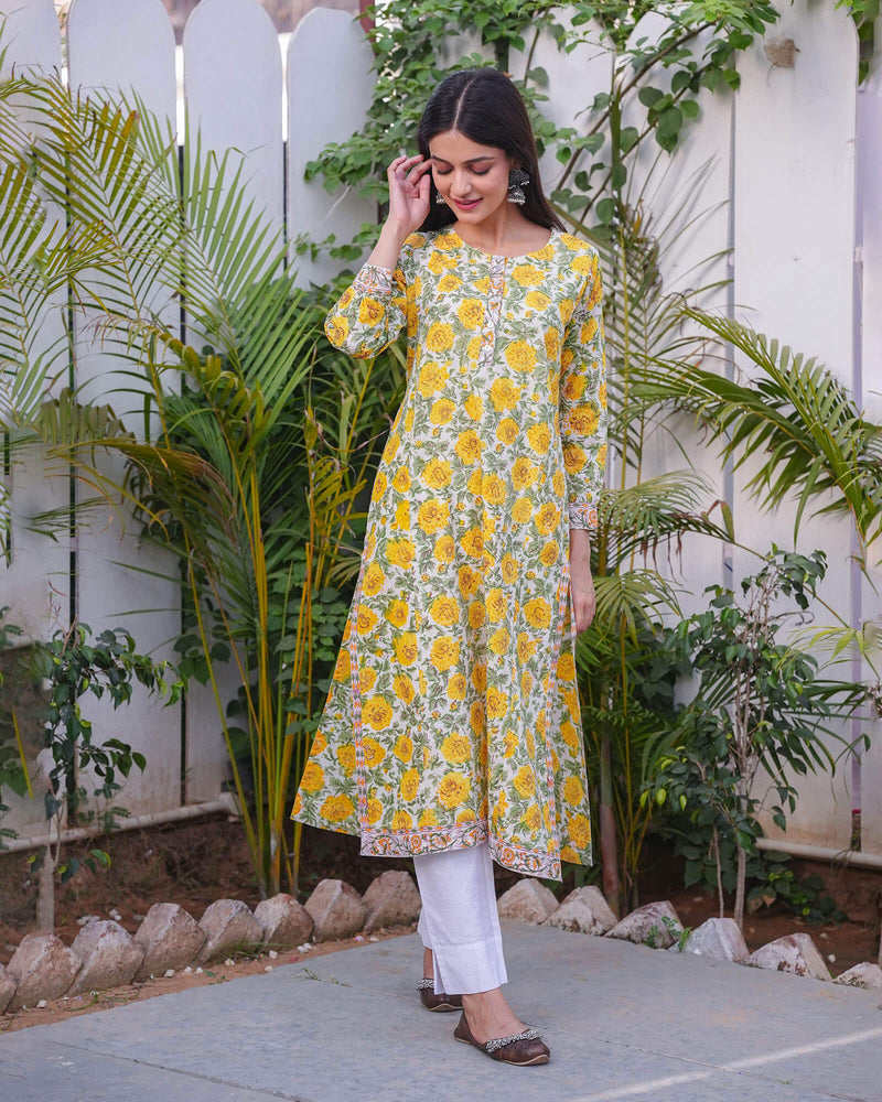 YELLOW MARIGOLD COTTON HANDBLOCK KURTA