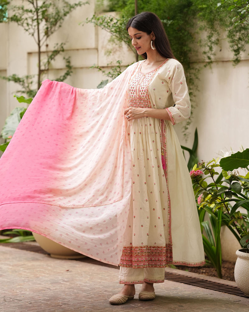 WHITE & PINK COTTON SUIT SET WITH EMBROIDERY