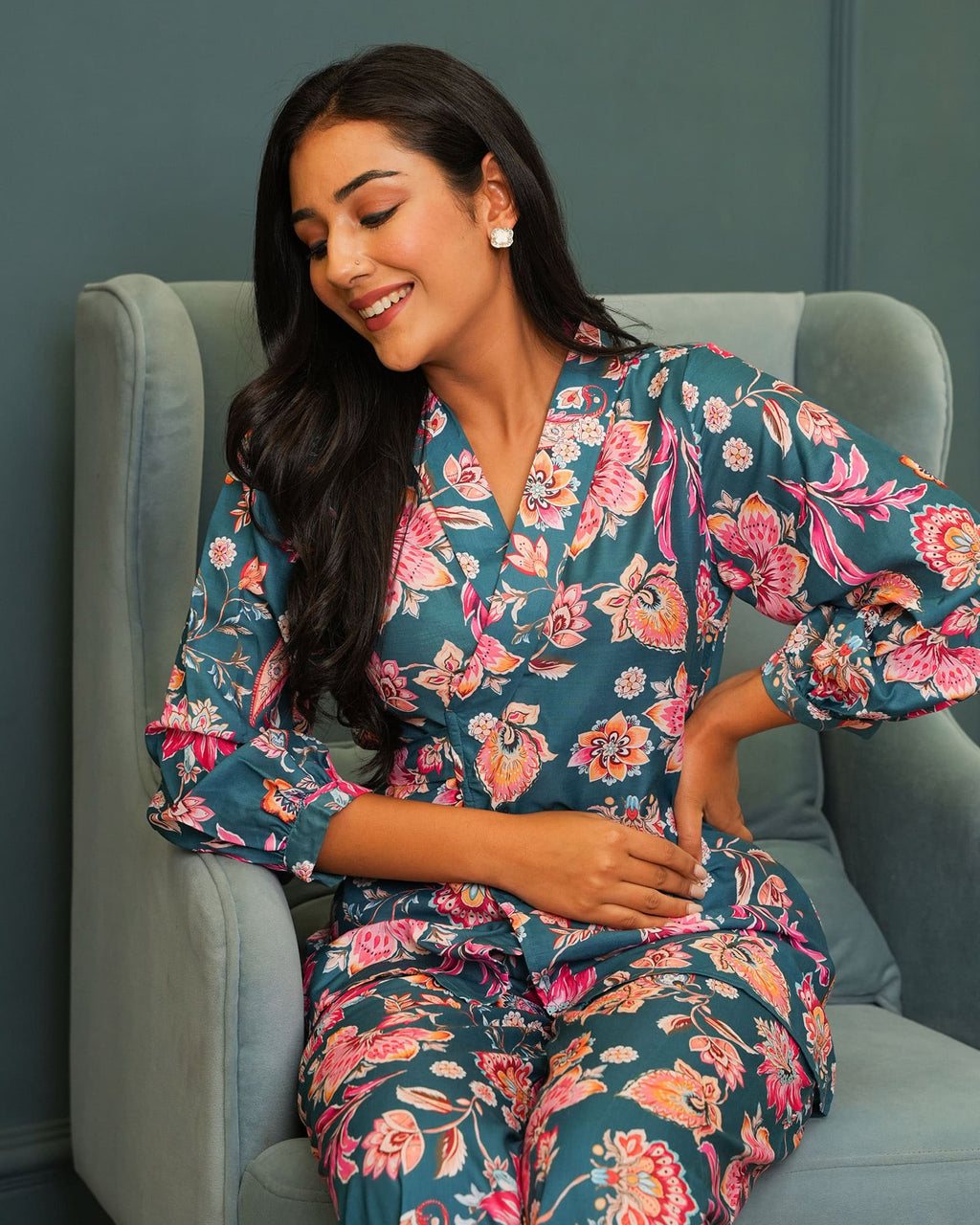 TEAL MUSLIN CO-ORD SET WITH MULTICOLORED PRINTS
