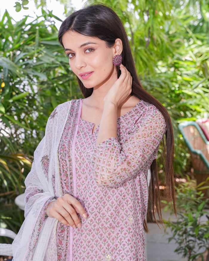 WHITE & PINK KOTA DORIA SUIT SET WITH GOTA WORK