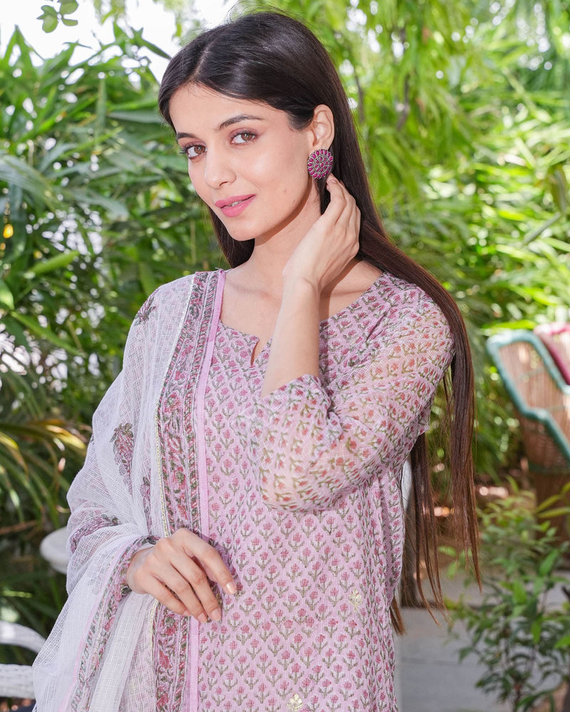 WHITE & PINK KOTA DORIA SUIT SET WITH GOTA WORK