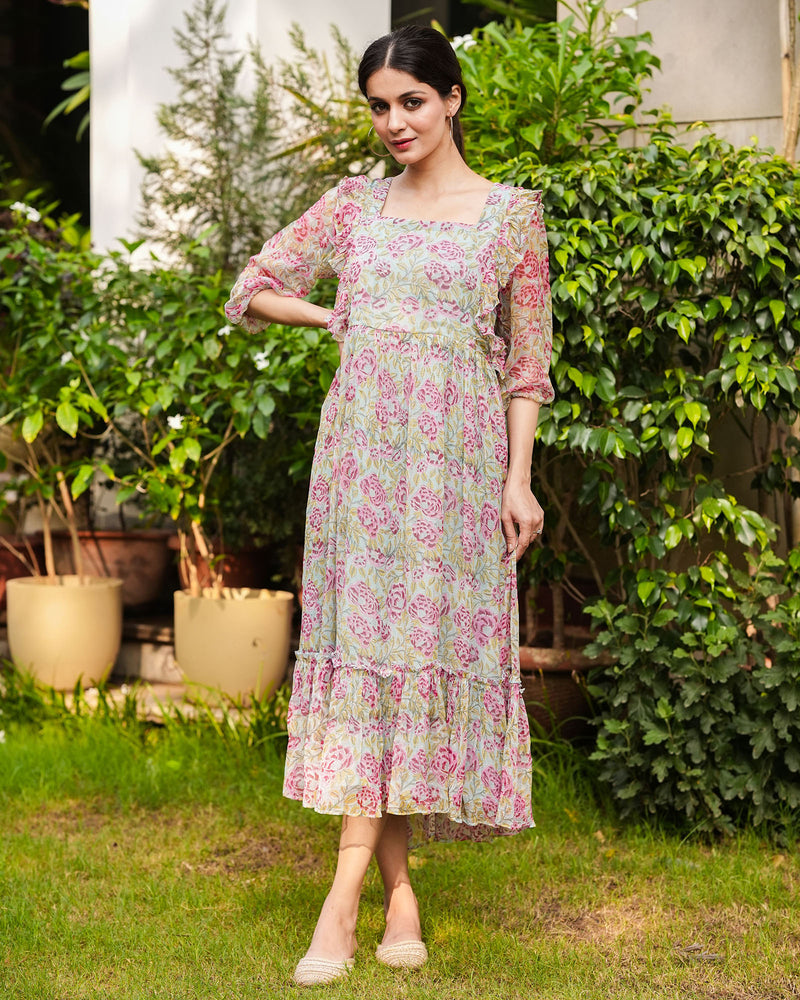GREEN & MAROON FLORAL PRINT CHIFFON DRESS Gulabi Dori GREEN & MAROON FLORAL PRINT CHIFFON DRESS Gulabi Dori