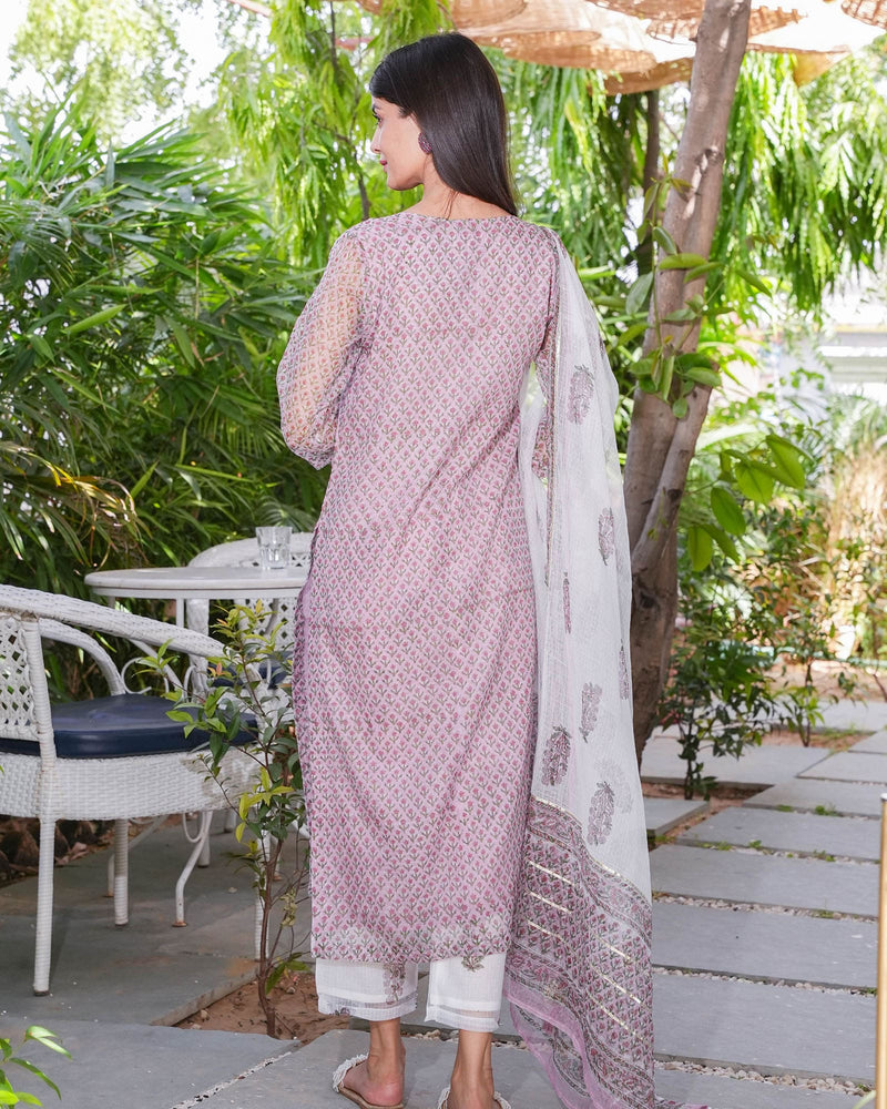 WHITE & PINK KOTA DORIA SUIT SET WITH GOTA WORK