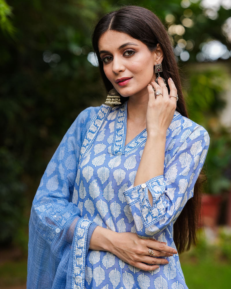 BLUE COTTON HANDBLOCK SUIT SET