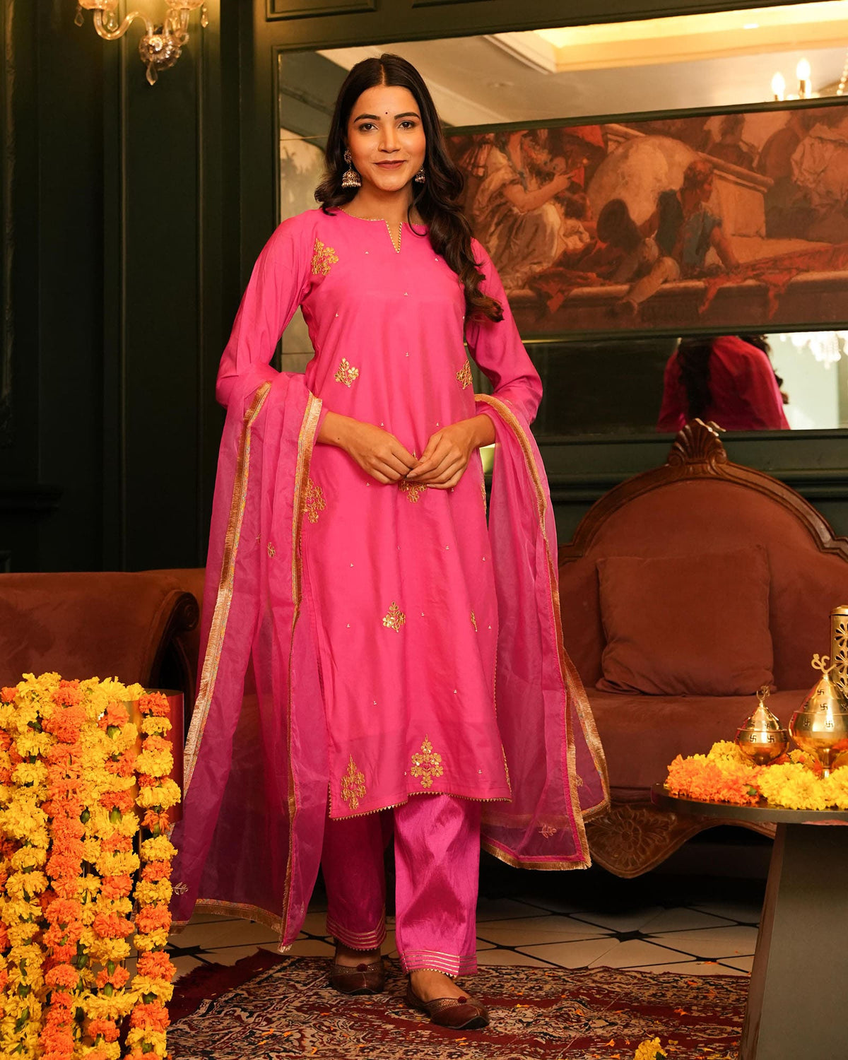 PINK CHANDERI SUIT SET WITH GOTTA WORK