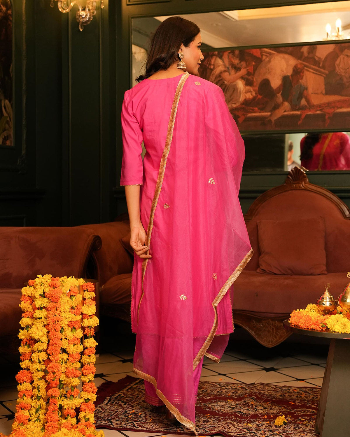 PINK CHANDERI SUIT SET WITH GOTTA WORK