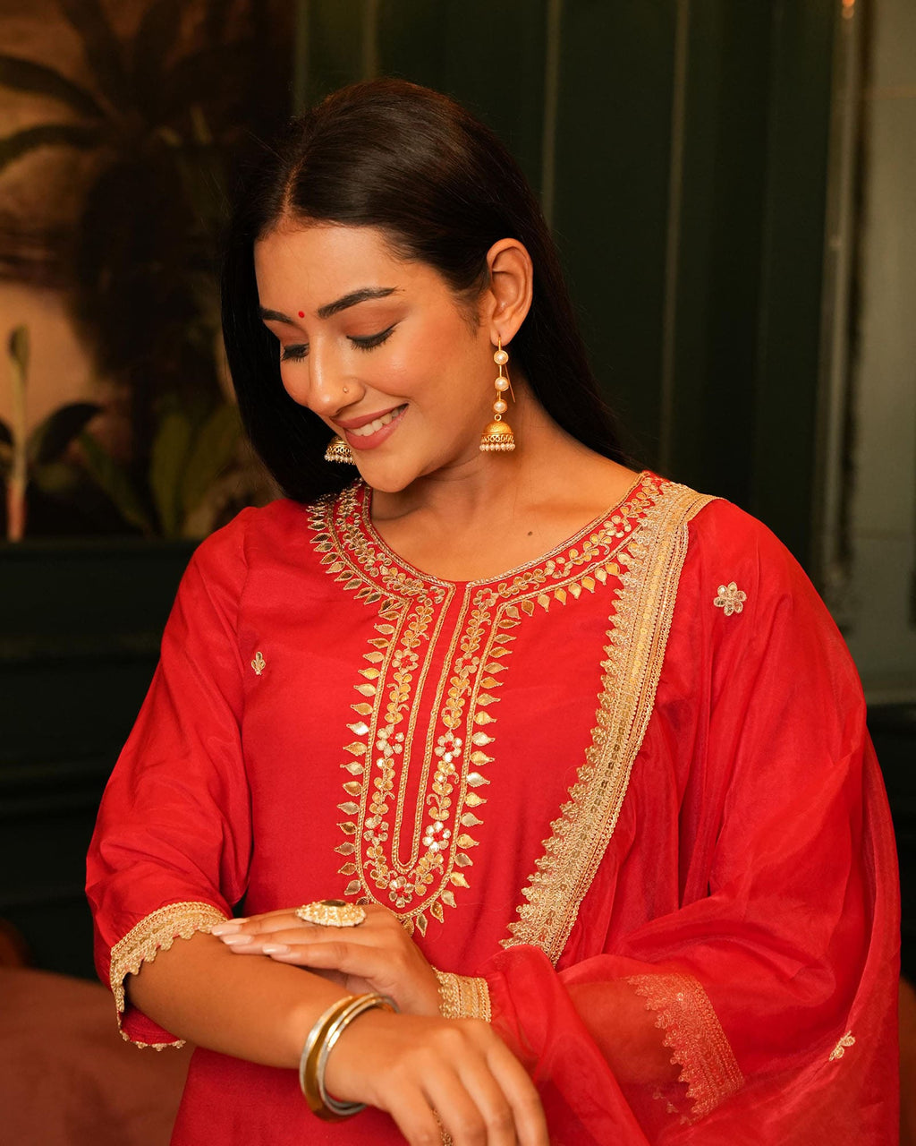 RED CHANDERI SUIT SET WITH HEAVY GOTTA WORK