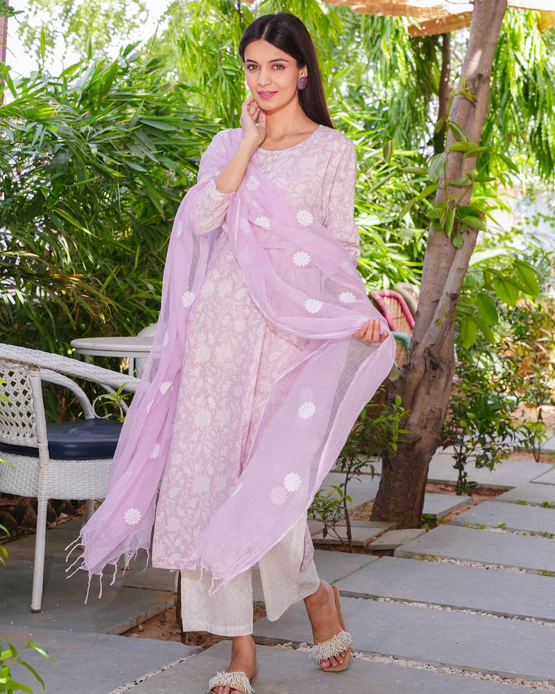 SOFT PINK HANDBLOCK COTTON SUIT SET