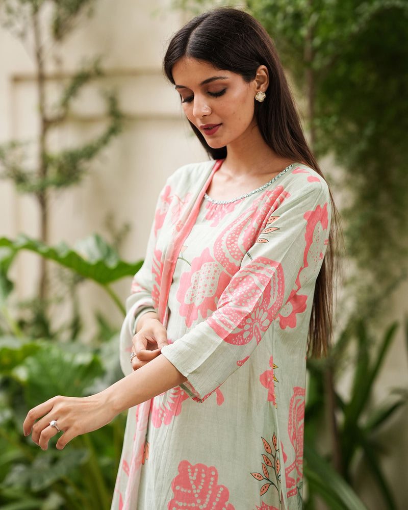 MINT & PINK MUSLIN DIGITAL PRINT SUIT SET