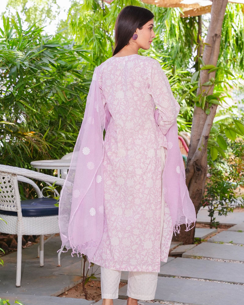 SOFT PINK HANDBLOCK COTTON SUIT SET