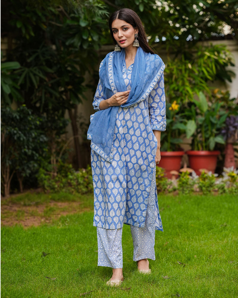 BLUE COTTON HANDBLOCK SUIT SET